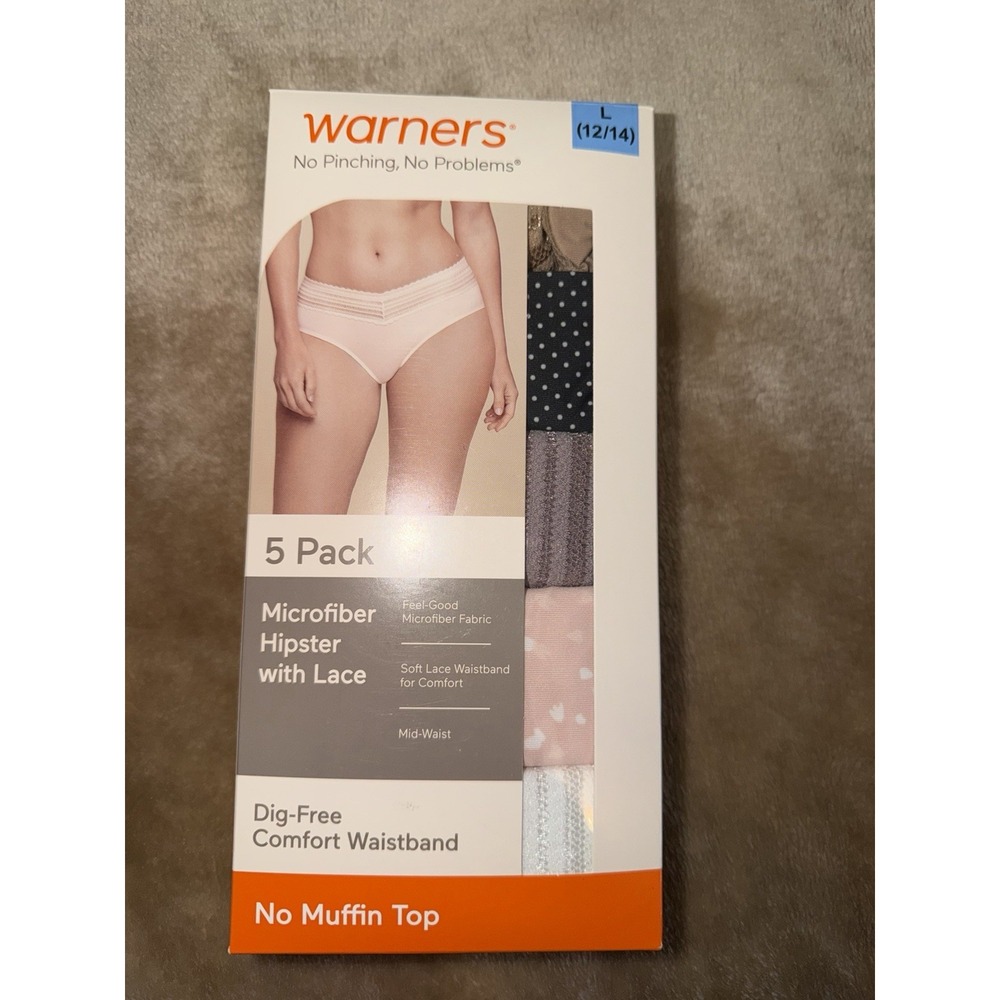 New Warners 5 Pack Panties Hipster Microfiber Lace Dig Free Comfort Waist